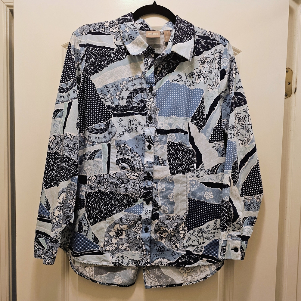 Chico's Navy and Light Blue Patchwork Button Down… - image 2
